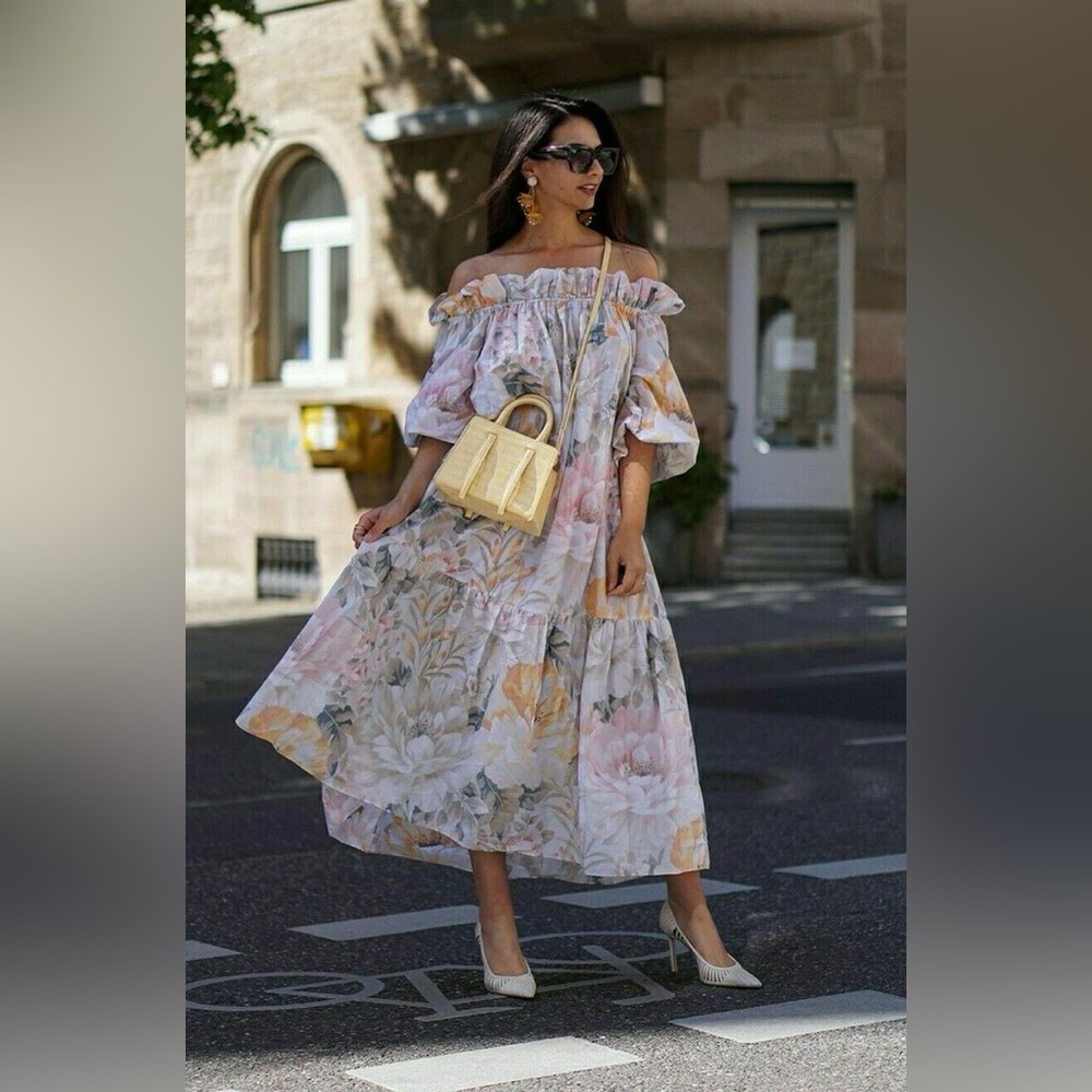 H&M Off-Shoulder Floral Maxi Dress in Pastel Pink and Cream with Yellow Accents